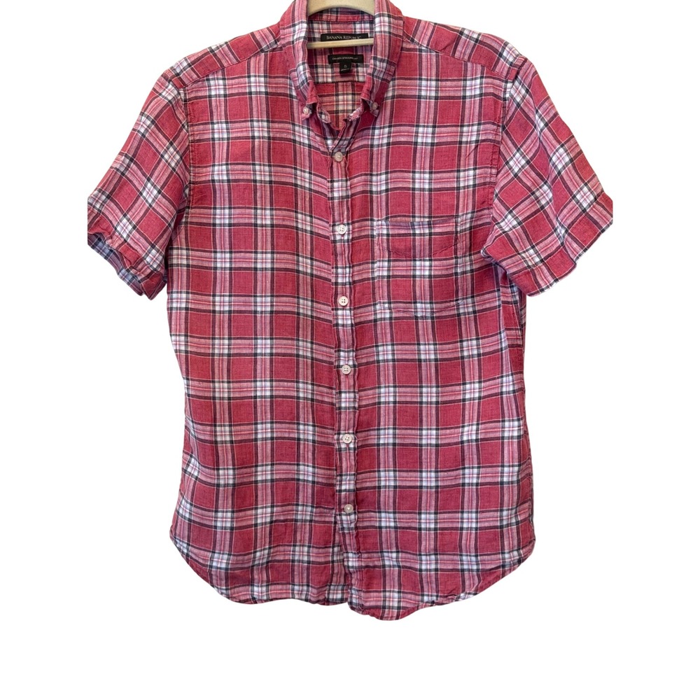 Banana Republic Mens S Red Plaid 100% Linen Short Sleeve Camden Fit Shirt